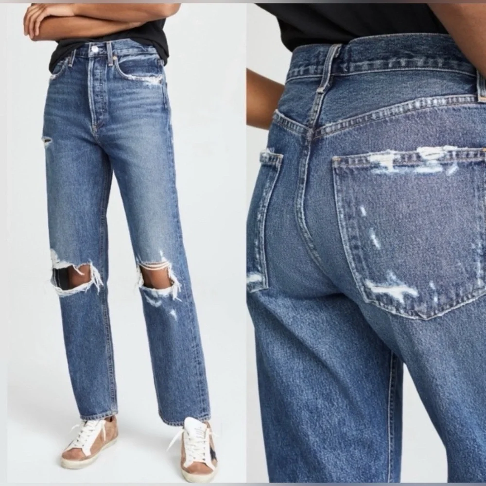 AGOLDE 90s Distressed Straight-Leg Blue Jeans High Rise Loose Fit Size 26 - Picture 2 of 16